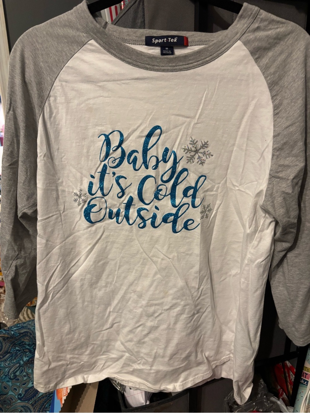Sport-Tek White & Gray "Baby It's Cold Outside" Womens Raglan Tee Medium